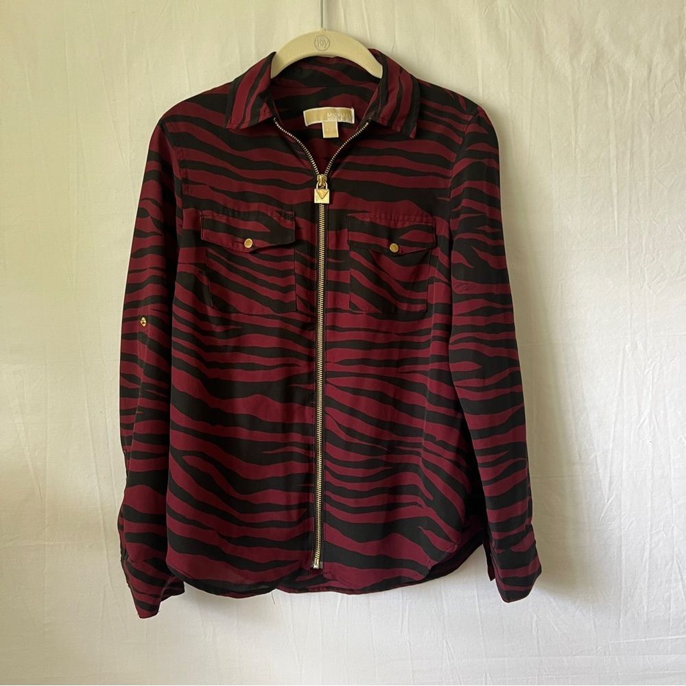 Michael Kors Women's Animal Print Zip Long‎ Sleeve Pockets Shirt Size S